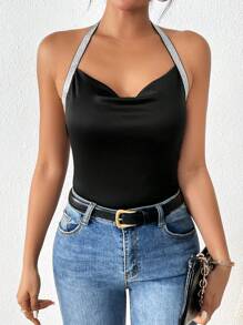 SHEIN Essnce Draped Front Contrast Tape Trim Halter Top - Black - View 5