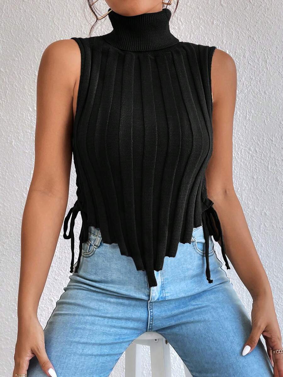 Allurite Áo cao cổ Ren Up Side Viền không đối xứng Áo len vest - màu đen - Xem 1