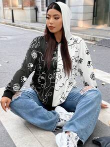 Flirla Plus Figure Graphic Two Tone Hoodie - Black and White - View 7