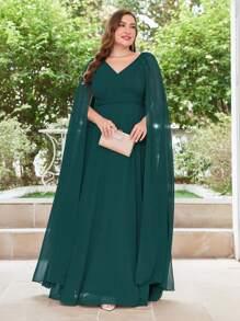 Plus Cloak Sleeve Chiffon Formal Dress - Dark Green - View 4
