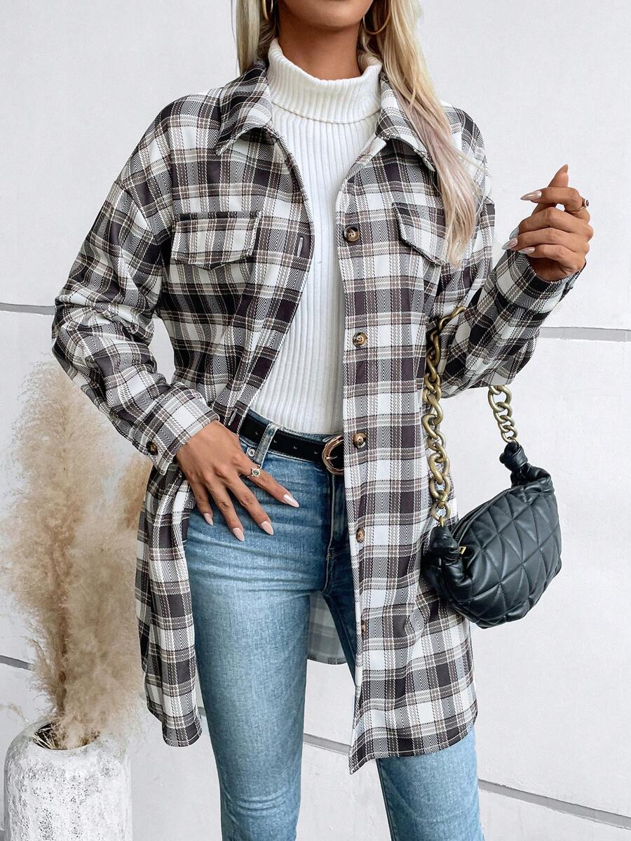 SHEIN LUNE 格紋印花落肩袖翻蓋細節外套