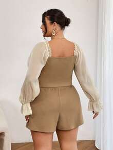 SHEIN Privé Talla grande Shorts con top de manga con volante - Caqui - Ver 2