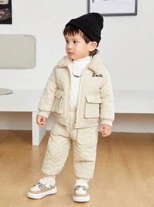 SHEIN Baby Boy Letter & Cartoon Graphic Quilted Coat & Pants - Apricot - View 8