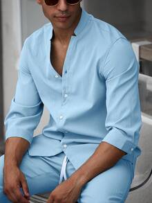 Manfinity 男士素色前排扣襯衫&腰部抽繩長褲 - 藍色 - 查看 8