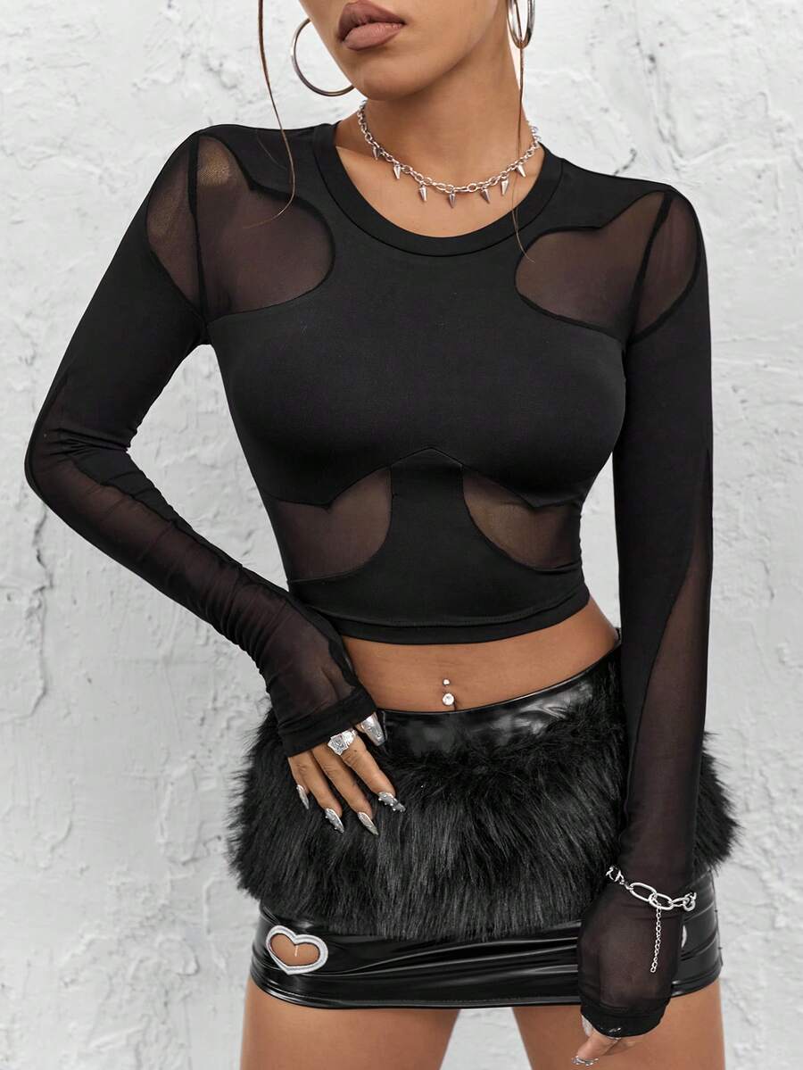 SHEIN ICON 網紗拼接短款T恤 - 黑色 - 查看 1