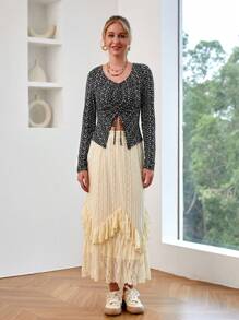 SHEIN VCAY Ladies' Floral Print Drawstring T-shirt - Black and White - View 5