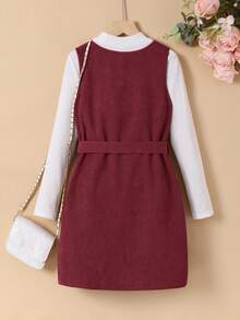 SHEIN Tween Girl Solid Tee & Button Front Belted Corduroy Overall Dress - Burgundy - View 2