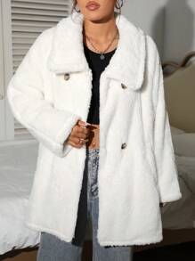 SHEIN EZwear 雙排扣大衣 - 白色 - 查看 3