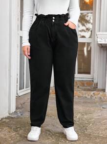 EURMUSE Plus Paperbag Waist Mom Fit Jeans - Black - View 1