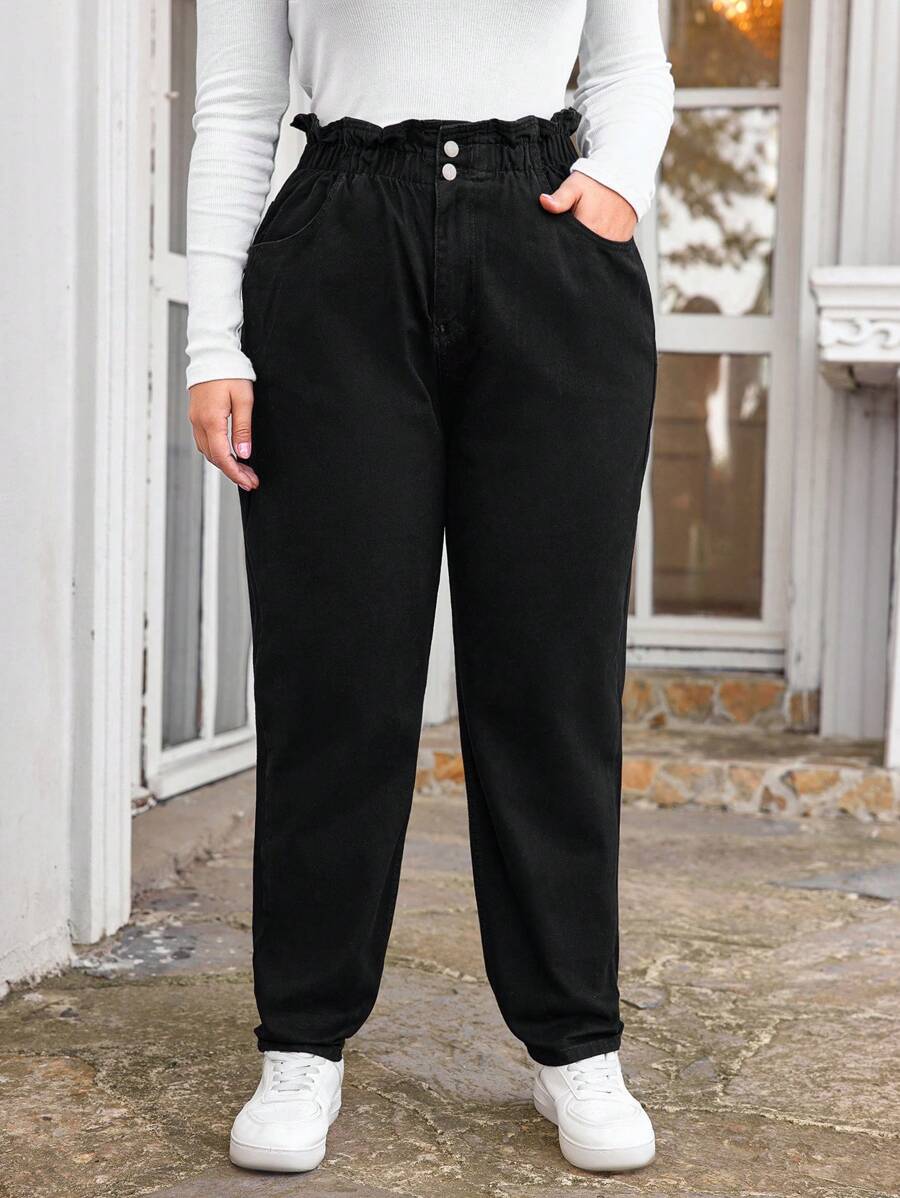 EURMUSE Plus Paperbag Waist Mom Fit Jeans - Black - View 1