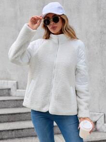 SHEIN LUNE 插肩袖拼接面拉鏈開襟絨毛外套 - 白色 - 查看 6