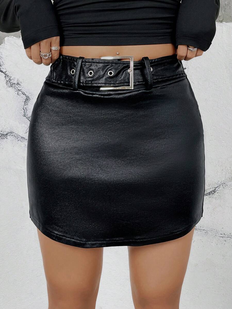 SHEIN ICON 高腰腰帶PU皮革裙裤 - 黑色 - 查看 1