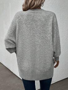 SHEIN LUNE 蝙蝠袖紐扣細節下擺開叉套頭毛衣 - 淺灰色 - 查看 2