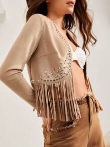 Bohemela Cazadora bajo con fleco con diseño de tachuela con parte delantera abierta - Albaricoque - Ver 6