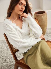 Bohemela Drop Shoulder Distressed Trim Sweater - Beige - View 5