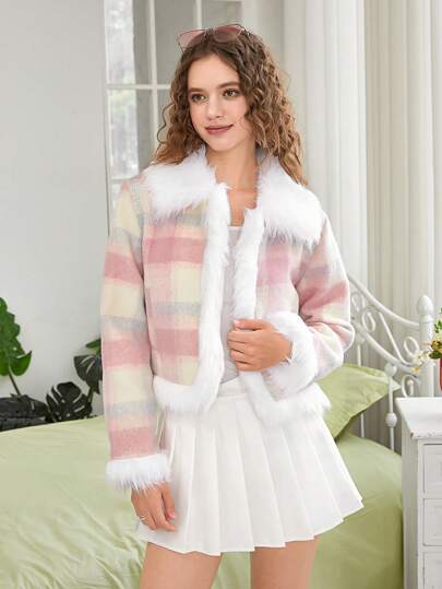 SHEIN EZwear Abrigo con estampado de cuadros ribete lanudo con parte delantera abierta