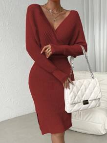 Chiquease Surplice Neck Batwing Sleeve Split Hem Sweater Dress - Burgundy - View 4