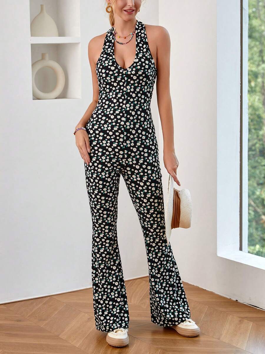 Soleia Women's Floral Print Halterneck Flared Jumpsuit - Multicolor - View 1