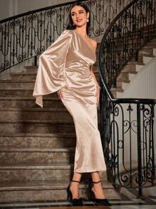 SHEIN BAE One Shoulder Cloak Sleeve Ruched Side Satin Bridesmaid Dress - Apricot - View 3