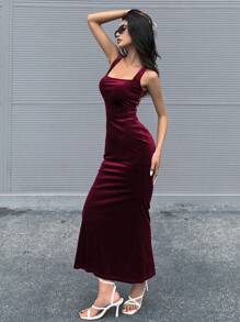 Chiquease 素色露背繫帶洋裝 - 酒紅色 - 查看 5