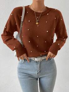 SHEIN Frenchy Pearls Beaded Drop Shoulder Sweater - Coffee Brown - View 5