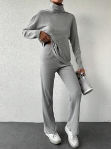 SHEIN Cottnline Turtleneck Drop Shoulder Tee & Pants - Grey - View 4