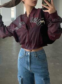 Dazy Star 字母圖形褶皺袖飛行員外套 - 紫色 - 查看 4
