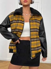 SHEIN EZwear Plaid Patchwork Fabric Zipper Front Jacket With Collar