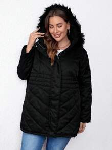 SHEIN LUNE Plus Zip Up Fuzzy Trim Hooded Padded Padded Coat Clothes Winter - Black - View 3