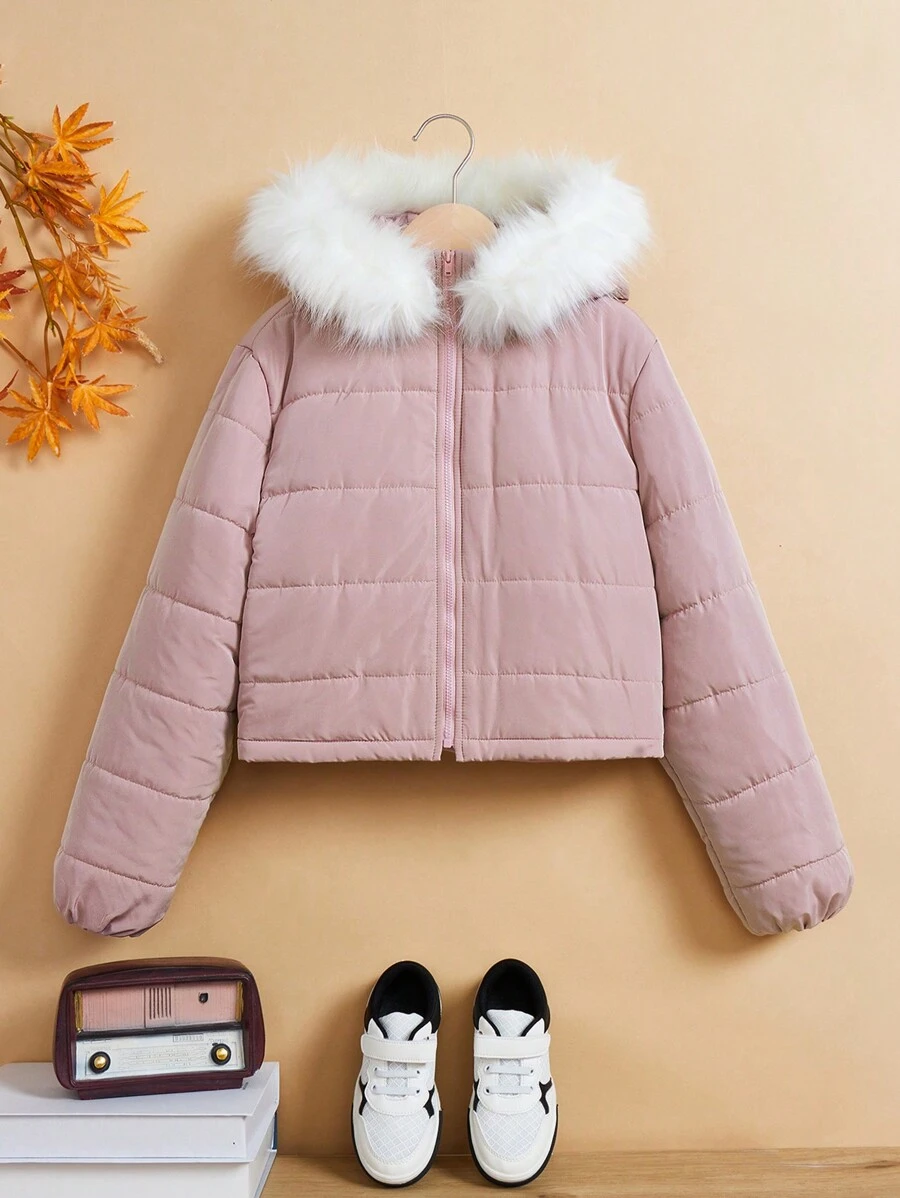 Manteau ample casual matelassé à capuche rayé de couleur unie pour filles préadolescentes