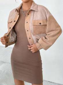 SHEIN Essnce Colorblock Flap Pocket Drop Shoulder Crop Jacket - Khaki - View 3