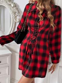 Chiquease Plaid Print Lace Up Front Shirt Dress - Red - View 6