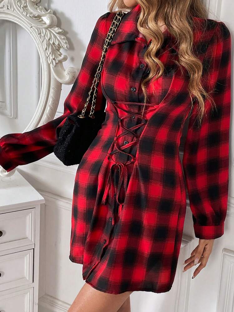 Plaid Print Lace Up Front Shirt Dress