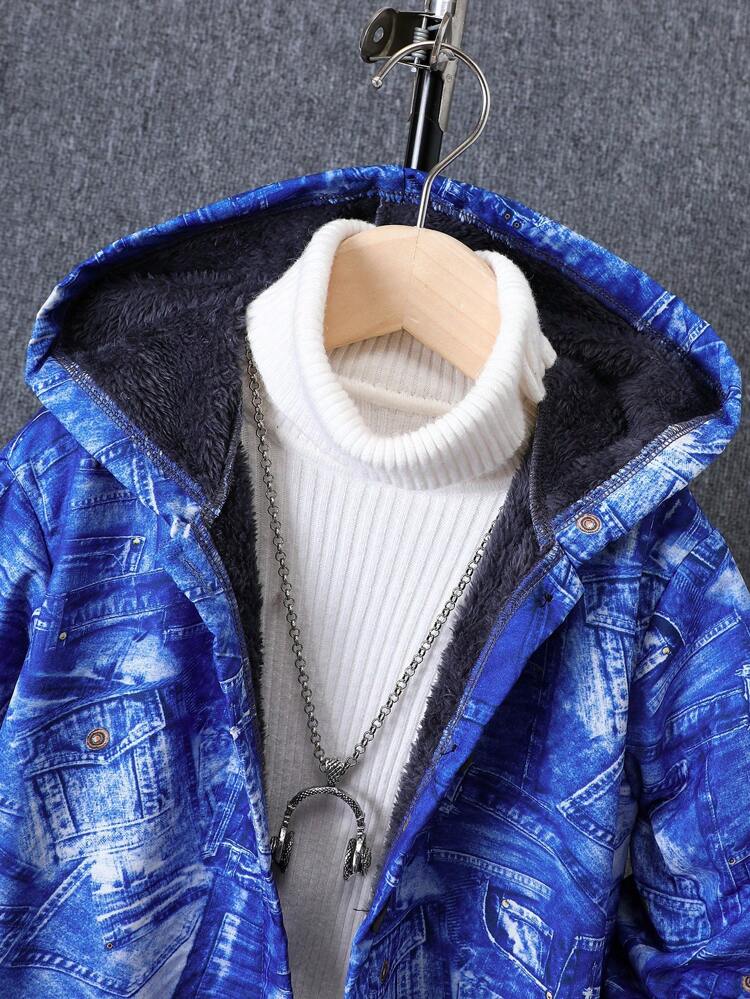 Young Boy Denim Effect Fuzzy Lined Hooded Coat Without Sweater