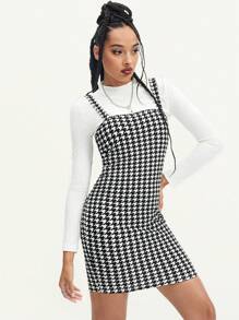 SHEIN EZwear Ribbed Knit Tee & Houndstooth Cami Dress - Black and White - View 3