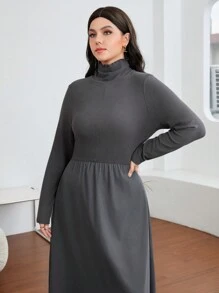 Mulvari Plus Solid High Neck A-line Dress