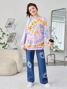 SHEIN 青少年女孩螺旋紮染落肩袖套頭衫 - 藕粉色 - 查看 5