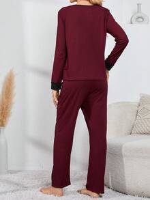 SHEIN Thai sản Viền tương phản Nút phía trước Bộ giản dị - Màu Đỏ Sâu - Xem 2