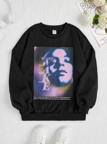 Tween Girl Slogan & Figure Graphic Drop Shoulder Pullover - Black - View 1