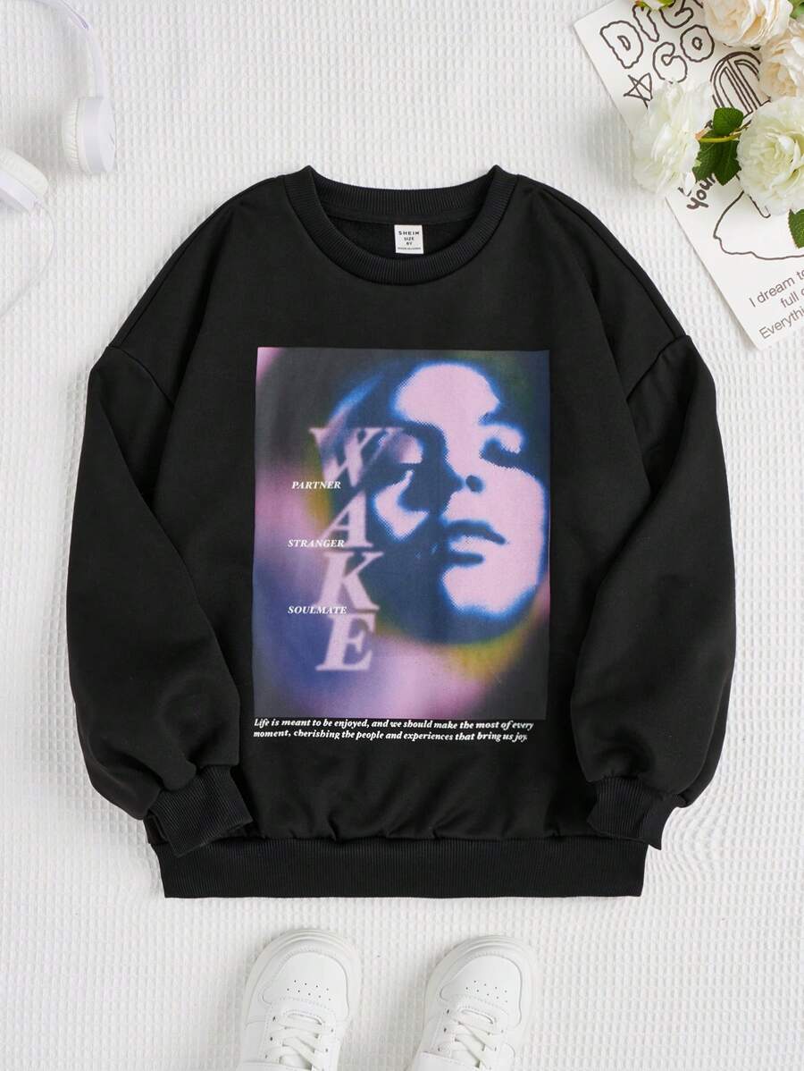 Tween Girl Slogan & Figure Graphic Drop Shoulder Pullover - Black - View 1