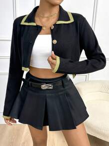 SHEIN Unity Contrast Trim Crop Cardigan - Black - View 6