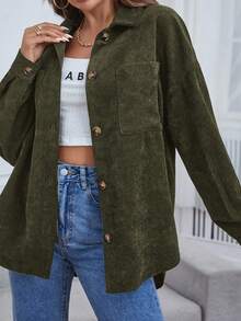 SHEIN Essnce 落肩袖口袋貼布燈芯絨大衣 - 軍綠色 - 查看 3
