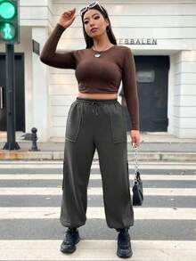 Flirla Plus Drawstring Waist Slant Pocket Sweatpants - Dark Grey - View 5