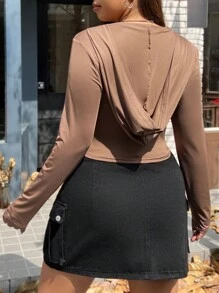 SHEIN EZwear 大碼素色側收褶短款連帽T恤 - 棕色 - 查看 2