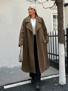 SHEIN EZwear Plus Lapel Neck Drop Shoulder Teddy Coat - Brown - View 5