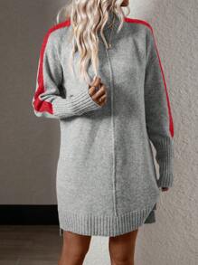 SHEIN LUNE Tương phản Đường may bên Tay Raglan Đầm Áo len - Màu Xám nhạt - Xem 1