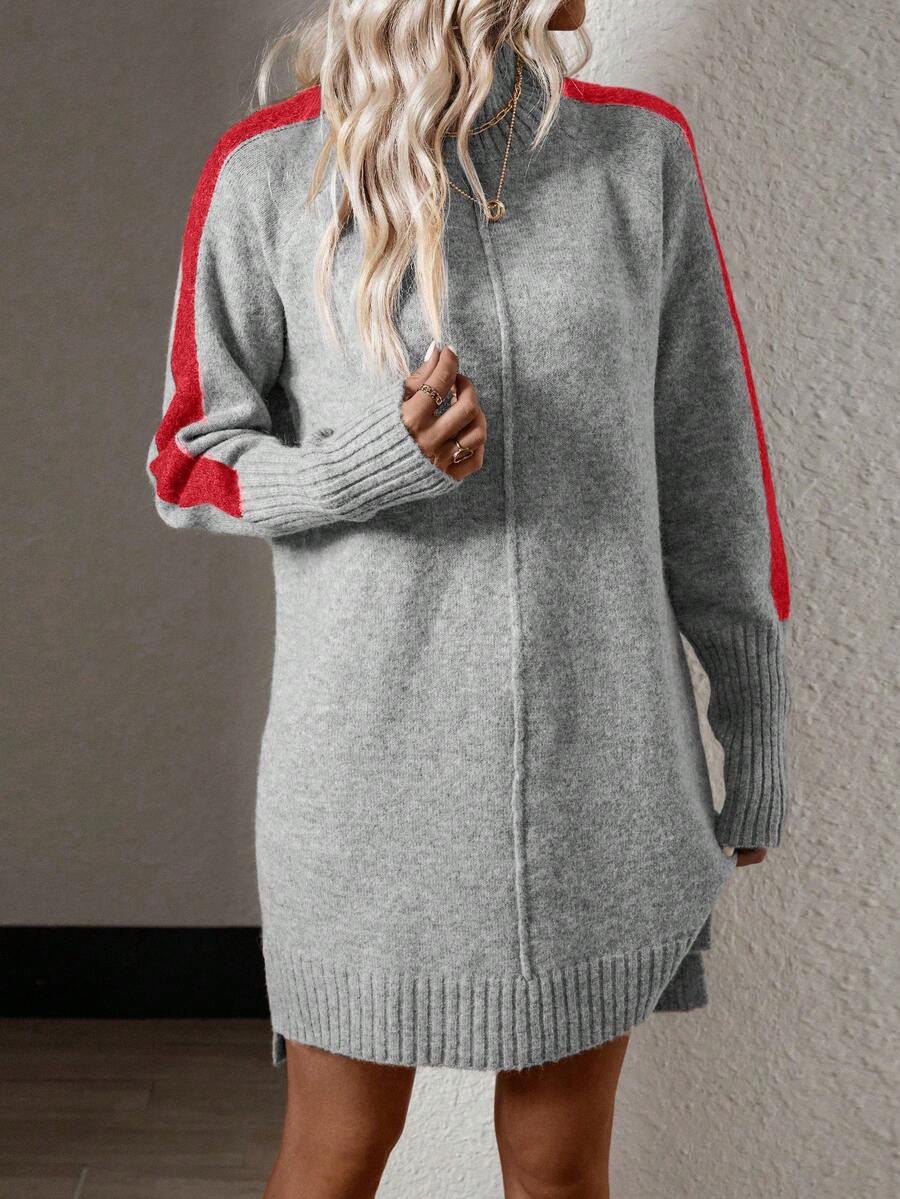 SHEIN LUNE Tương phản Đường may bên Tay Raglan Đầm Áo len - Màu Xám nhạt - Xem 1