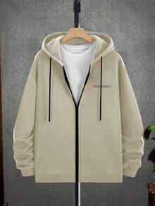 Manfinity EMRG 寬鬆版型男裝字母和翅膀印花拉鍊束口連帽衛衣 - 杏色 - 查看 4