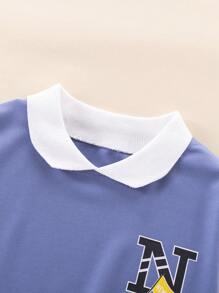 SHEIN Young Girl Letter Graphic Contrast Collar Sweatshirt & Biker Shorts - Blue - View 3