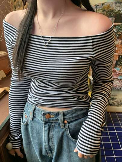 DAZY ストライプ オフショルダー レディースTシャツ、秋服 長袖